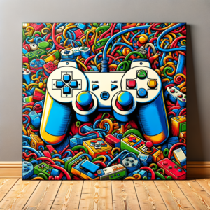 A broke video game controller wall art wooden floor