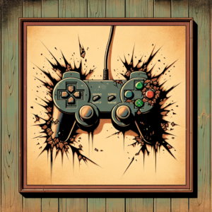 A broke video game controller wall art wooden floor