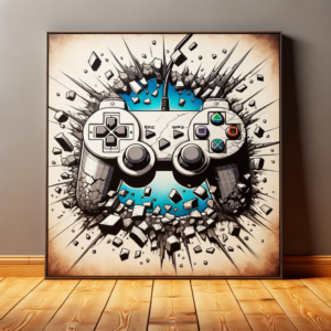 A broke video game controller wall art wooden floor