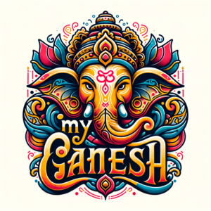 (accurately spelled text \”My Ganesha\”), Lord Ganesha typography logo, intricate design, vibrant colors, traditional motifs, spiritual and cultural essence, elegant curves and lines, modern minimalistic touch, harmonious composition, pleasing to the eye, professional appearance, clean layout, high-quality graphic, logo design, suitable for branding and marketing.