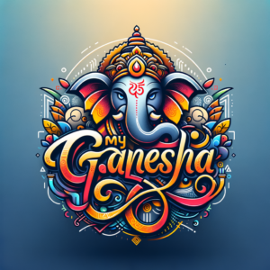 (accurately spelled text \”My Ganesha\”), Lord Ganesha typography logo, intricate design, vibrant colors, traditional motifs, spiritual and cultural essence, elegant curves and lines, modern minimalistic touch, harmonious composition, pleasing to the eye, professional appearance, clean layout, high-quality graphic, logo design, suitable for branding and marketing.